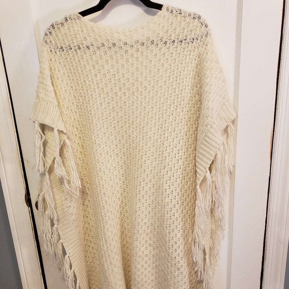 Cream Poncho with Fringe